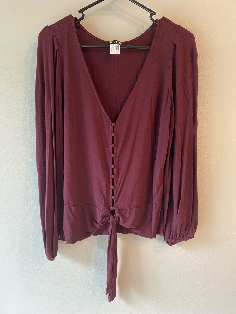 VENUS Wine Button-Front Tie Hem Blouse